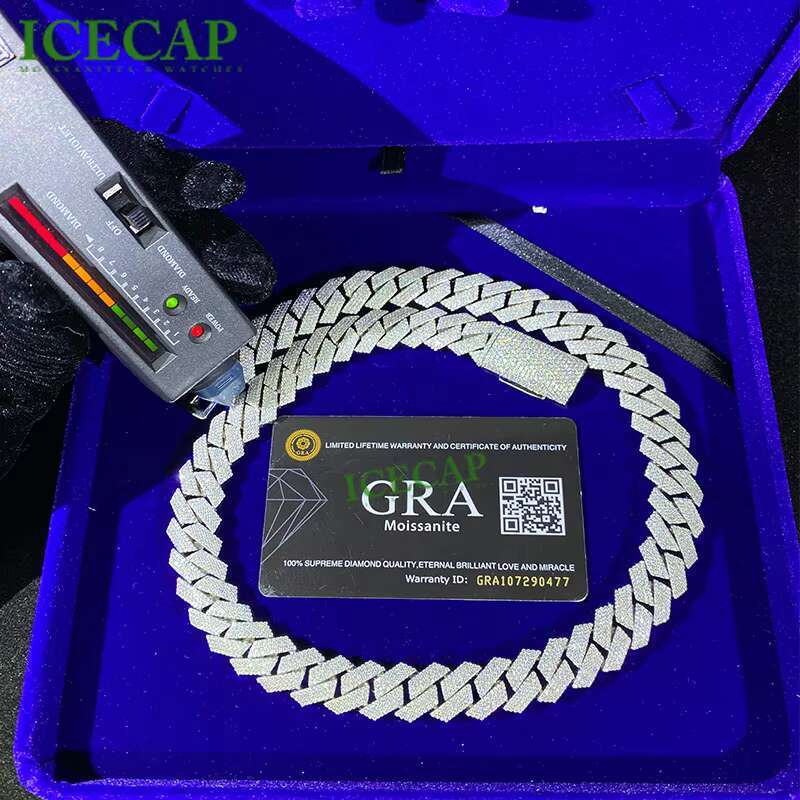 Factory Miami Moissanite Iced Out Cuban Link Chain Hip Hop Style Mens Jewelry 925 Sterling Silver White Gold Plated for Gift