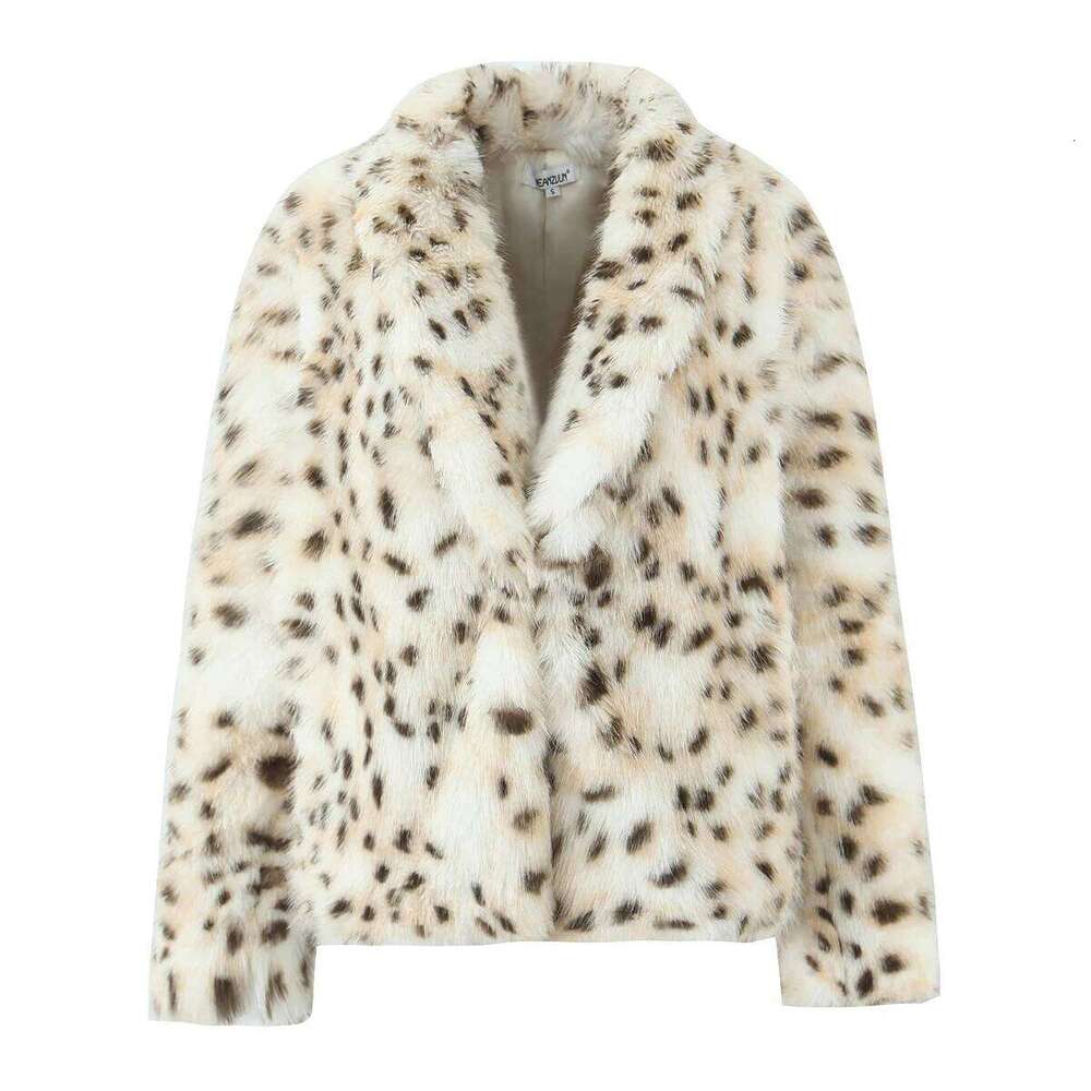 New Winter Hairy Beige Leopard Faux Fur Coat CHIC Women Lapel Collar Hook Buttons Full Sleeve Shaggy Loose Short Outerwear