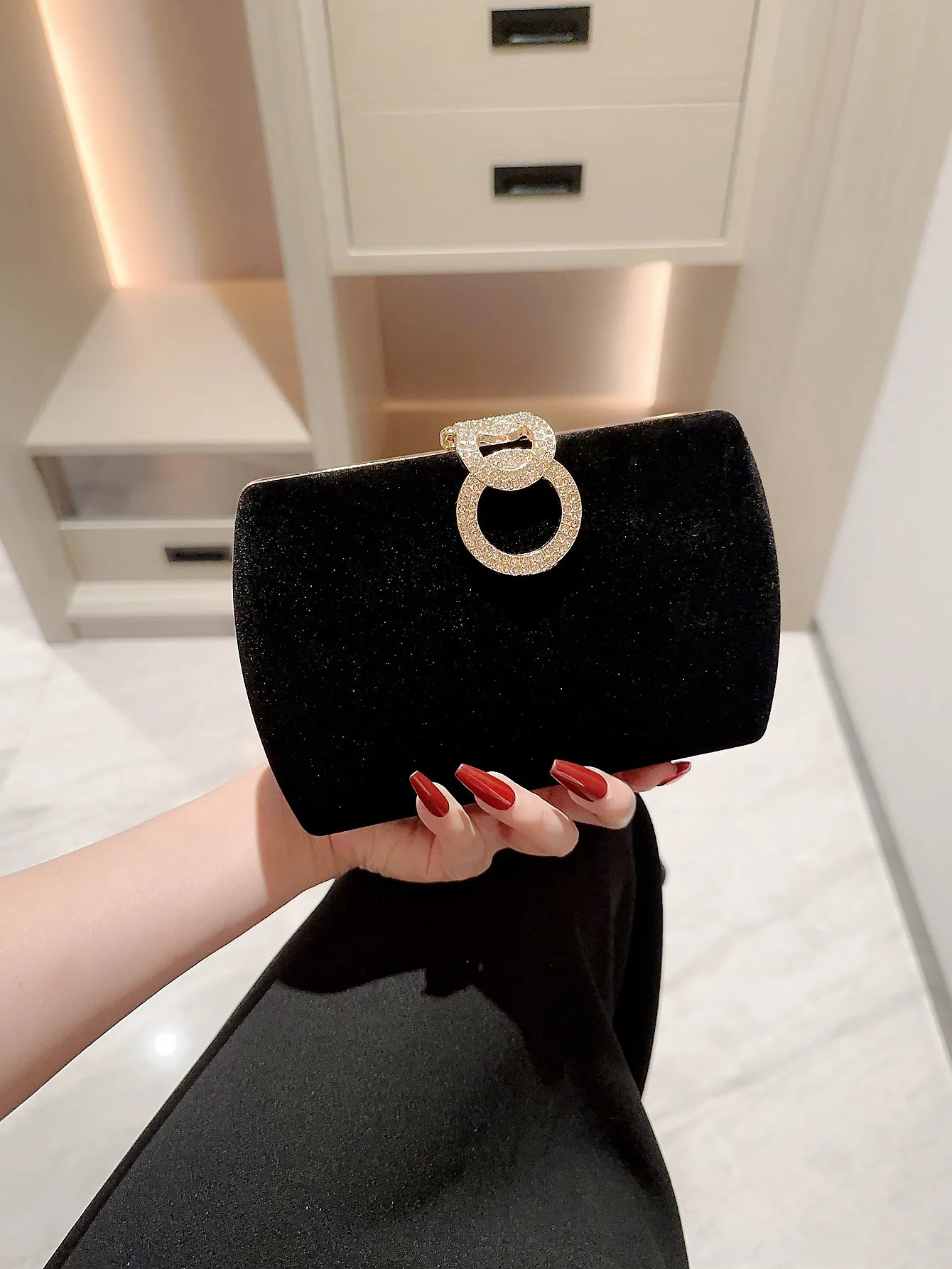 Ladies autumn velvet box dinner bag sparkling rhinestone decoration banquet bag clutch evening dress bag promotion bag party bag 250402
