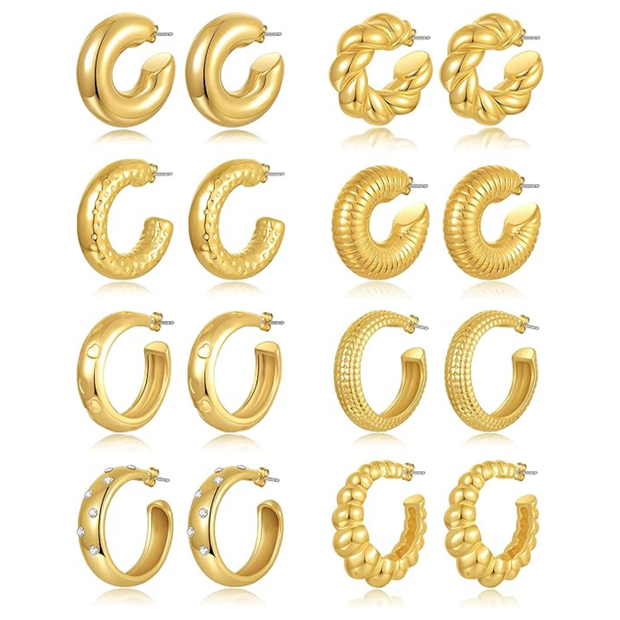 8 Pairs Chunky Hoop Earrings Sets for Women Lightweight Twist CZ Open Huggie Hoops Minimalist Thick Cartilage Hollow Earring Piercing Jewelry Gift Gol