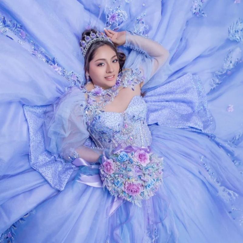 Blue Shiny Quinceanera Dresses Off The Shoulder Applique Lace Beading Crystal Tull Puff Sleeve Party Birthday Sweet 16 Dress Vestidos 15 Anos