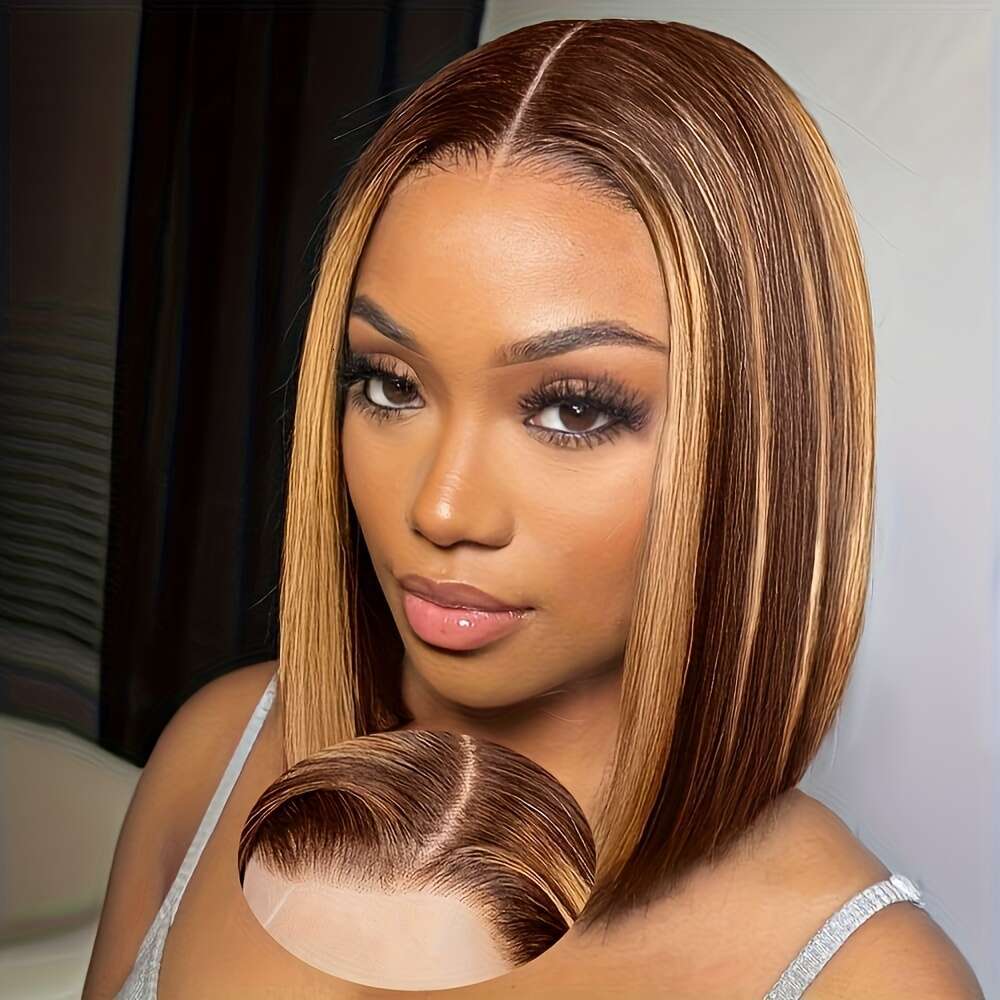 250% Density Ombre 4/27 Honey Blonde 13X4 HD Lace Front Wigs Human Hair For Women Highlight Short Glueless Straight Bob Wig, Versatile Hairpiece