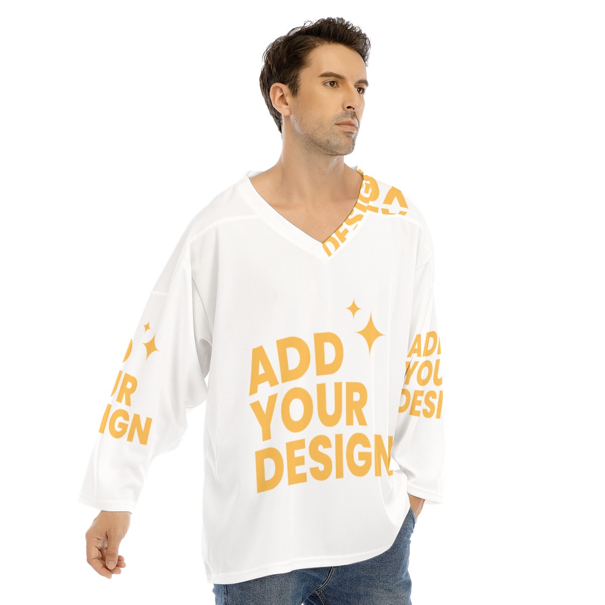 Men's V-neck Ice Hockey Jersey, All-Over Print Long Sleeve Sports Shirt, Custom Team Uniform 100% Polyester Loose Fit