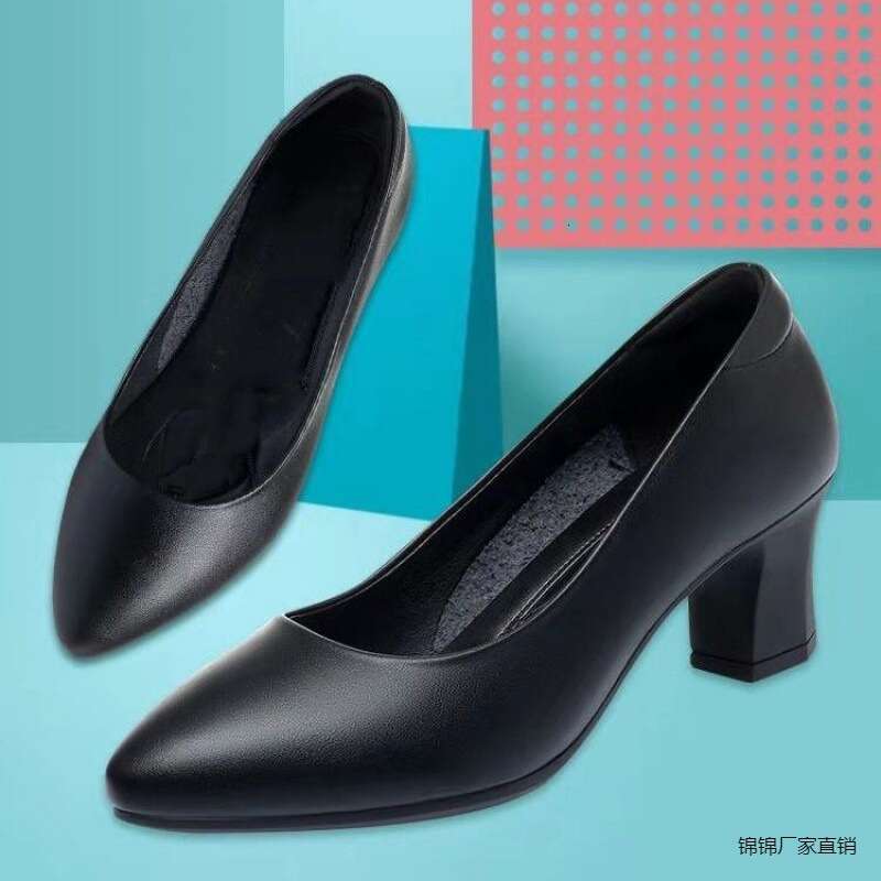 Flight attendant standing for a long time, work black interview hotel professional soft soled leather high heels, coarse women's shoes, brocade