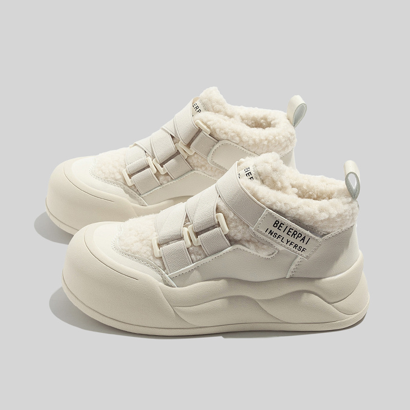 Lamb fleece high-top white shoes women's winter new casual shoes warm two cotton shoes round toe snow boots