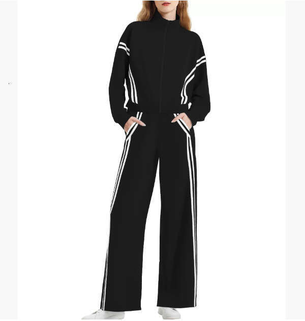 Cross-Border Ladies Two-Piece Casual Wear Zipper Sports Suit Contrast Color Stripe Wide-Leg Jogging Pants Travel Sportswear