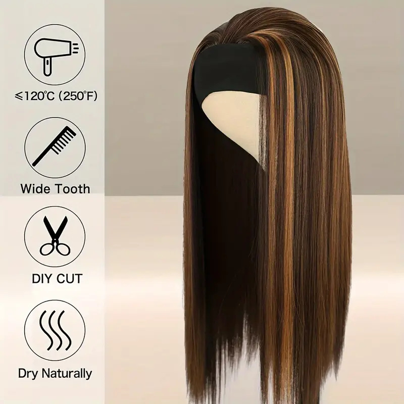 Natural Brown Gold Ombre Wig - Long Straight Synthetic Fiber with Adjustable Band for Comfort