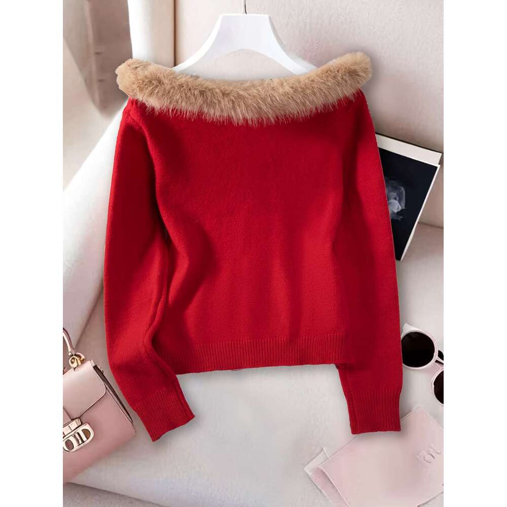 Women's French-Inspired Elegant Off-The-Shoulder Sweater With Faux Fur Trim - Soft Pink Long Sleeve Top, Medium Stretch For All-Season Casual & F