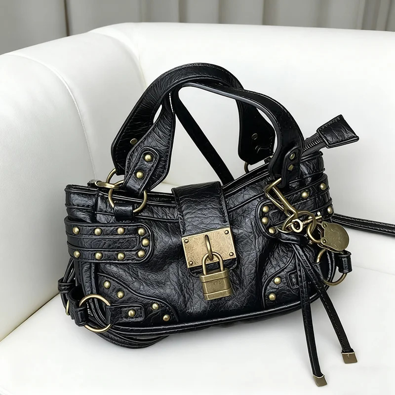 Retro Rivet Black Crossbody Bag Fashion Street Cool Motorcycle Bag Trend Lock n Small Tote Handbag High Quality Womens Bag 251031