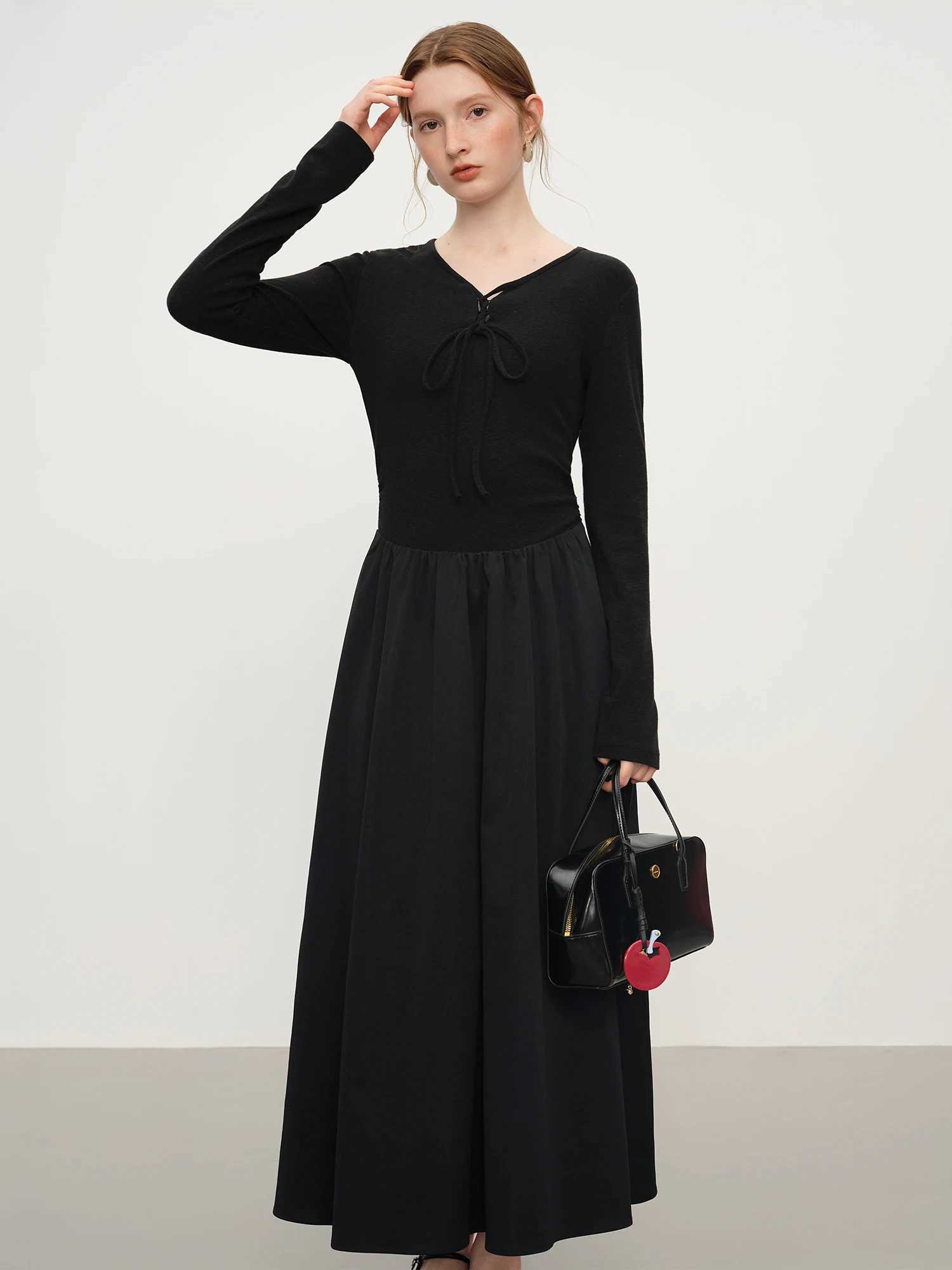 FSLE Elegant Autumn Party Dress Knit Patchwork Long Sleeves Dress for Women Fall Winter 2025 New Arrival Stretchy Inner Dresses J251105