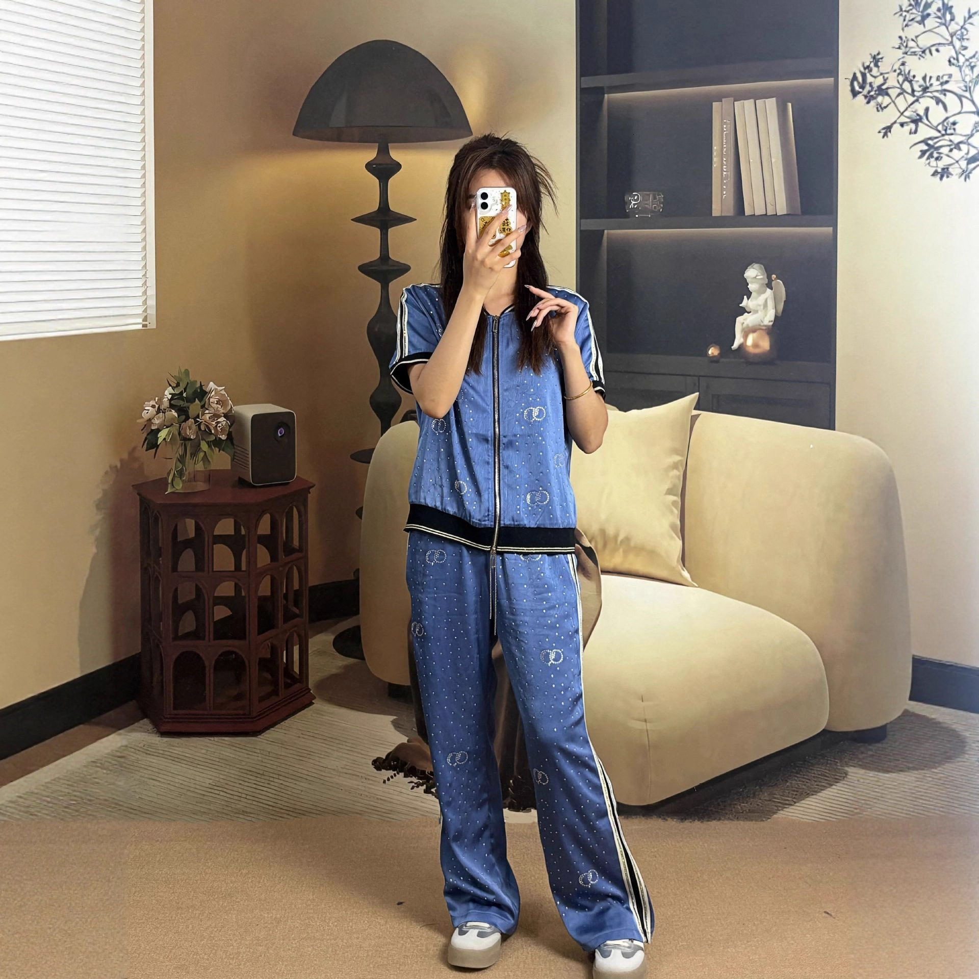 Short Sleeve Women's Summer Rhinestone T-Shirt Two-Piece Middle-Aged Casual Set Slimming Elegant Mom Outfit ddmymoon