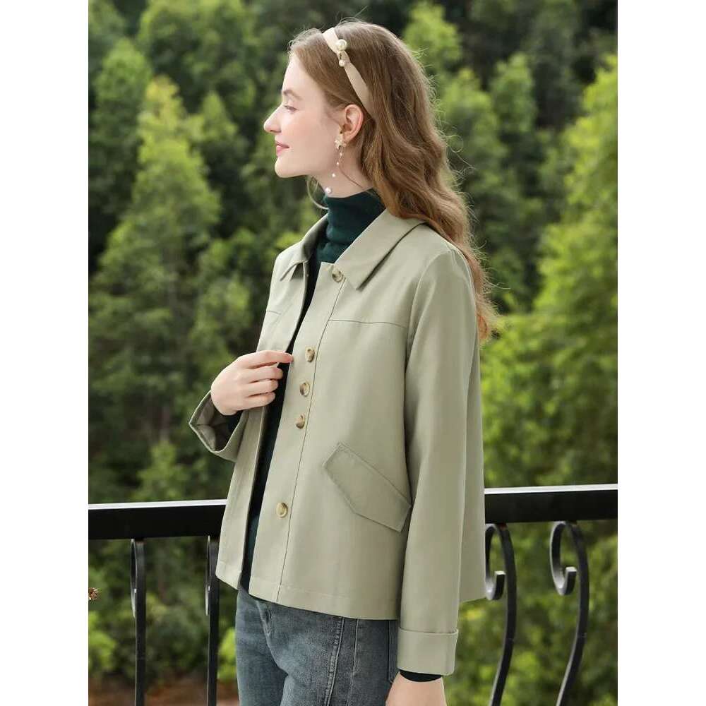 Grey Green Short Jackets Fall Clothes Women Office Lady Basics Casual Turn-Down Collar Solid Coat