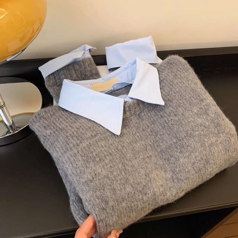Fake Two-Piece Shirt Collar Sweater For Women, New Autumn Lazy Style, Color-Block Turn-Down Collar, Gray Knitted Top B5