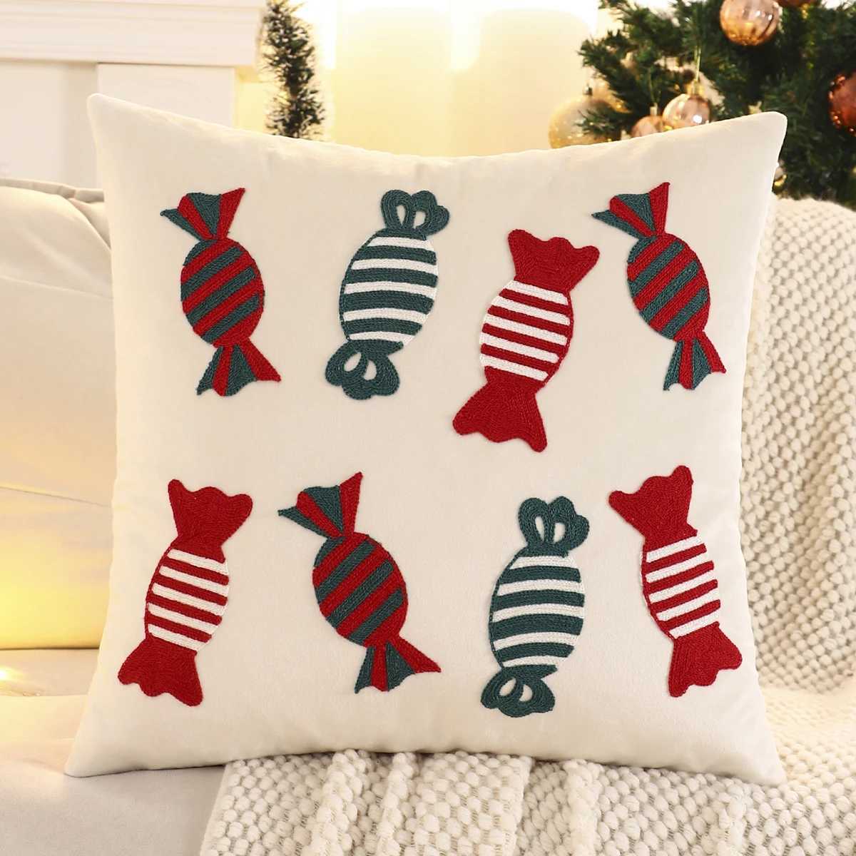 1 PC Christmas Tree Throw Pillow Cover Velvet Embroidery Candy Christmas Decoration Living Room Y251105