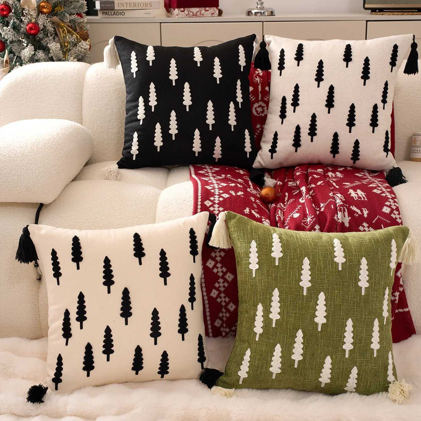 1PCS Black And White Christmas Tree Embroidered Canvas Pillow Cover Hanging Ear Design Decorative Cushion Cover for Holiday Home Y251105