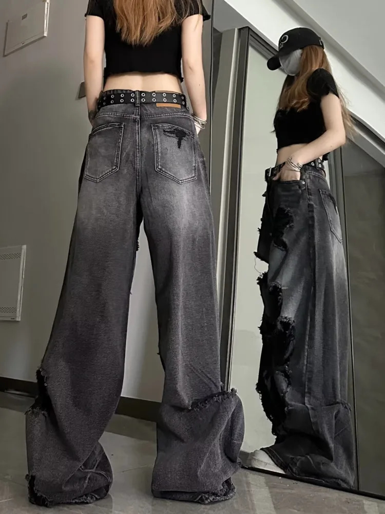 Niche design jeans high street heavy industry wide leg pants highend floor fashion brand womens 250403