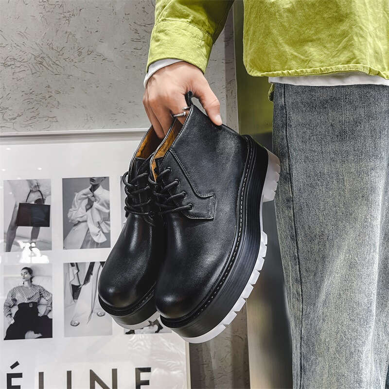 Transparent thick sole height increasing big head casual leather shoes for men with a sense of luxury 2022 British style versatile lace up black short