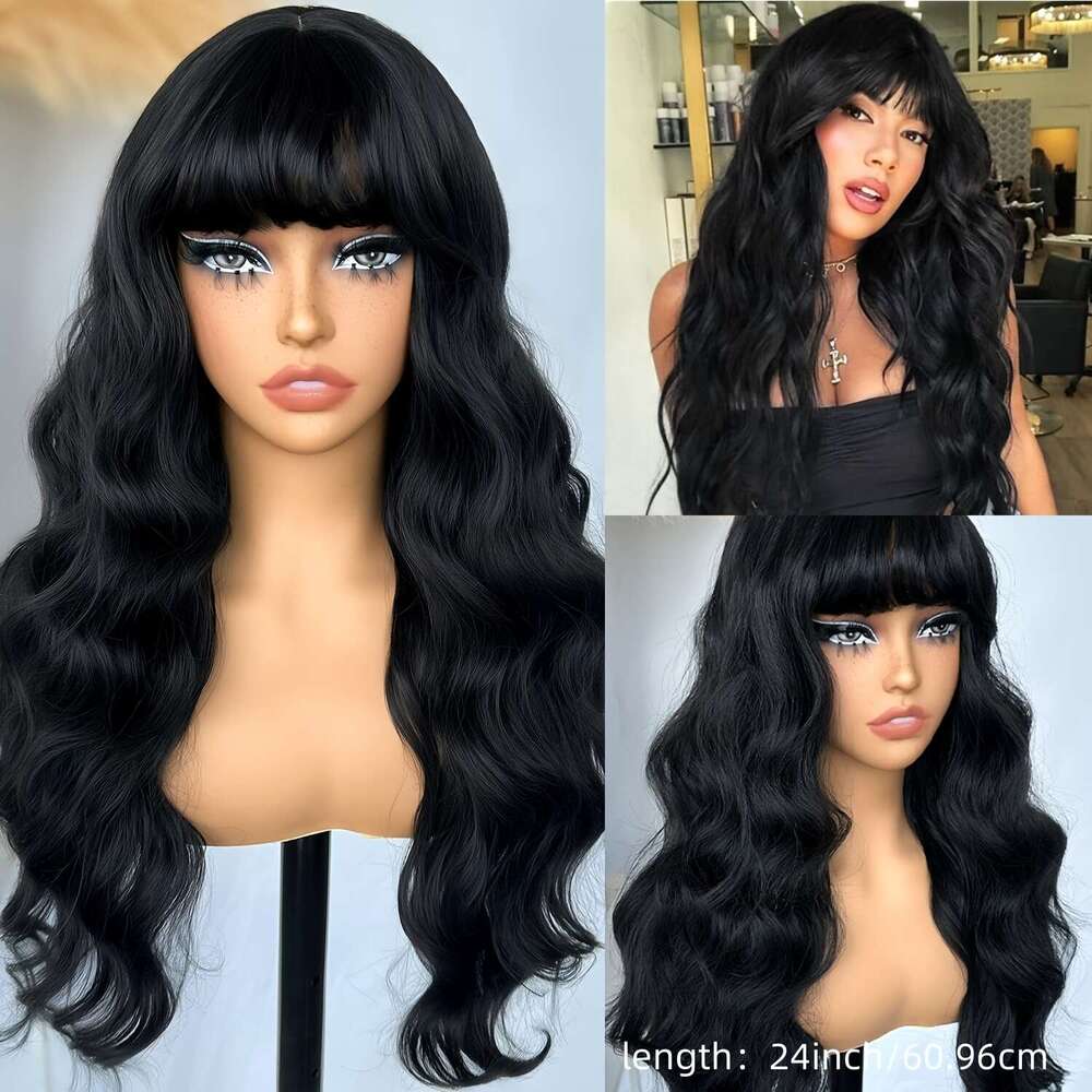 200% Density Brazilian With Bangs Long And True Length Human Hair #1B Glueless Body Wavy Full Hine Made Scalp Top Wig No Lace Front Wigs For Women Nat