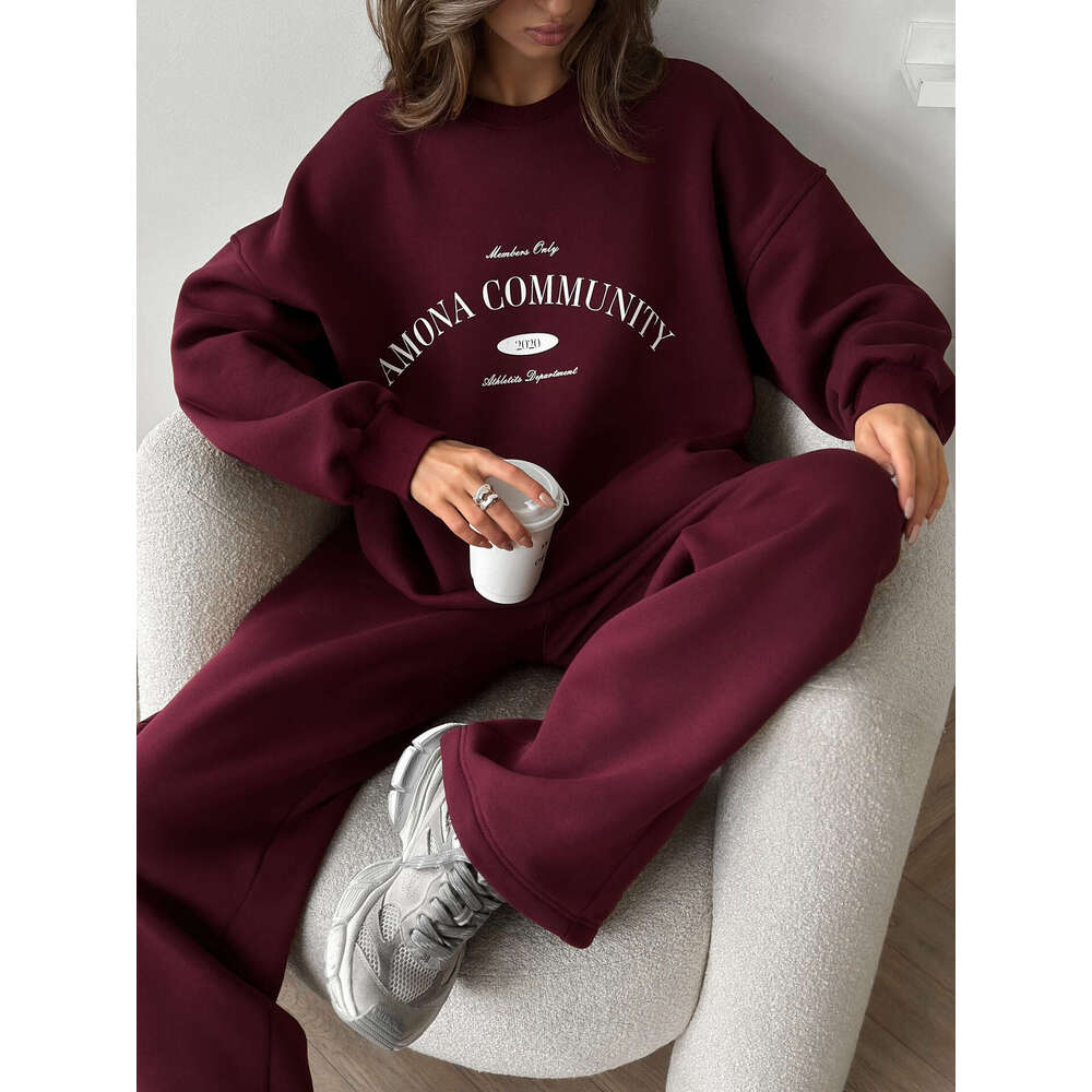 Casual American Retro For Women Street Style Letter Print Loose Round Neck Sweatshirt And Long Pants Two-Piece Set B5
