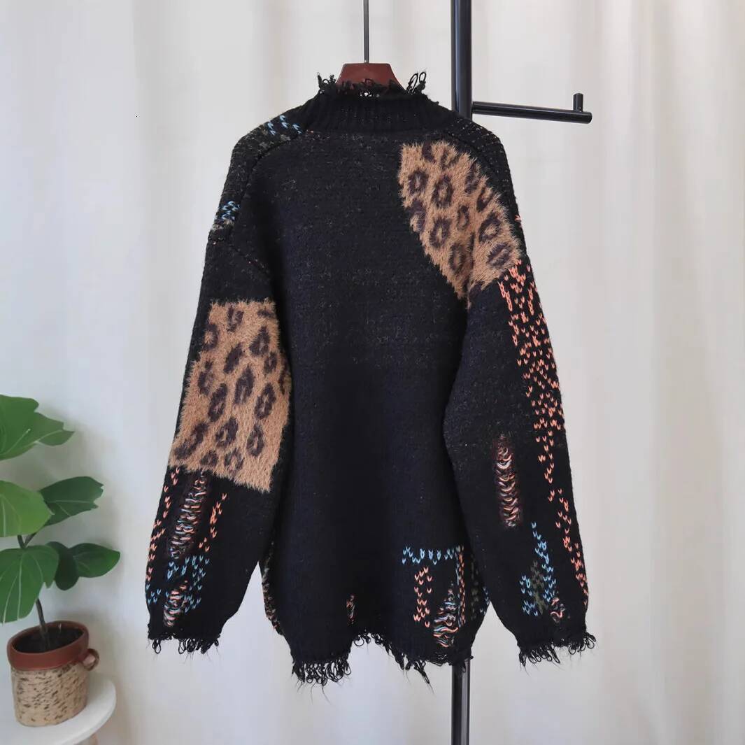 winter jacket women WTHT Trendy Women's Spliced Vintage Leopard Loose Knitted Cardigan Winter Fashion V-neck Long Sweater Female 1LS593