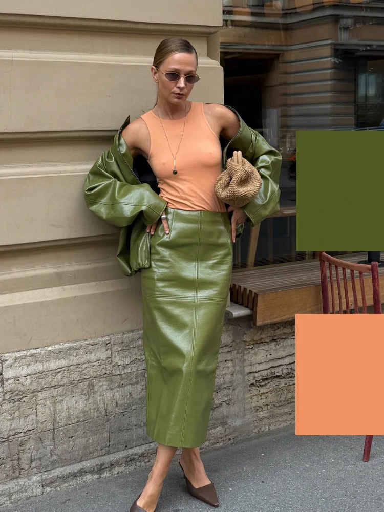 Leather Fashion Jacket Skirt Sets Women Zipper Loose Street Stand Collar Coats Straight Midi Skirts Suits 2025 Autumn Party Chic 251105 - view 3