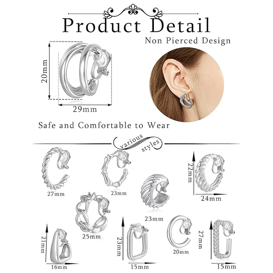 10 Pairs Clip on Hoop Earrings for Women Men Twist Round CZ Chunky Hoop Clip Earring No Piercing Fake Earrings Sets Silver Tone