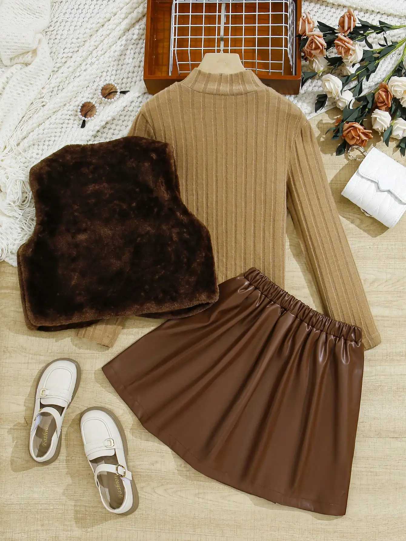 Sweet style three-piece set for girls in autumn and winter of 2025 Bowknot fleece vest fashionable high-neck ribbed top PU Y251105