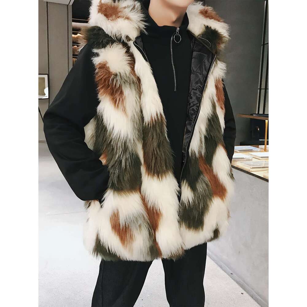 Men's Plush Faux Fur Hooded - Stylish Brown & White Color Block, Zip-Up, Long Sleeve, Warm Fall/Winter Outerwear, Casual Polyeer Jacket For Coupl