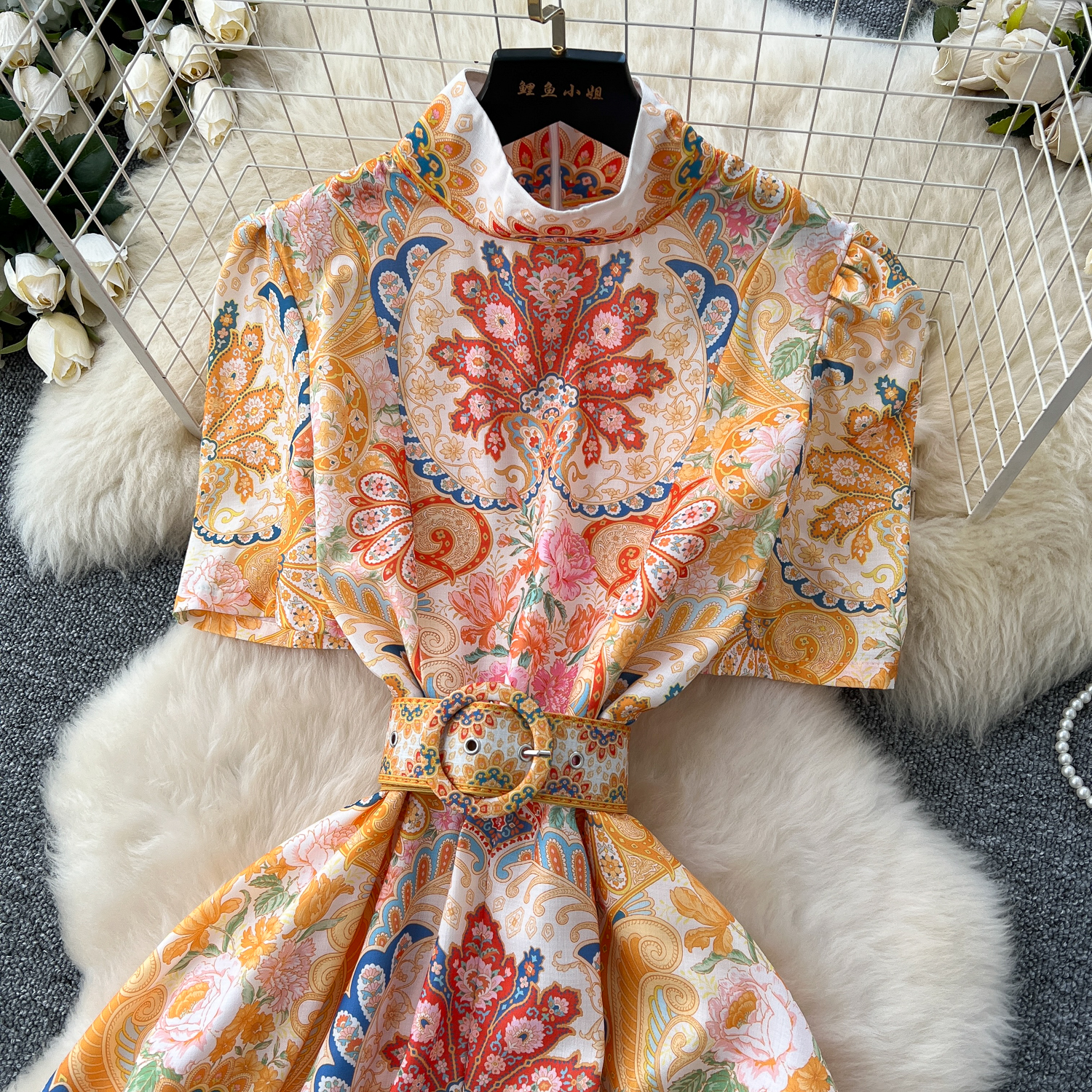 Casual Dresses Vintage Summer Retro Bohemian Paisley Dress Holiday Women Stand Short Sleeve Vintage Print Bandage Lace Up Robe Vestidos Maxi Clothes 2