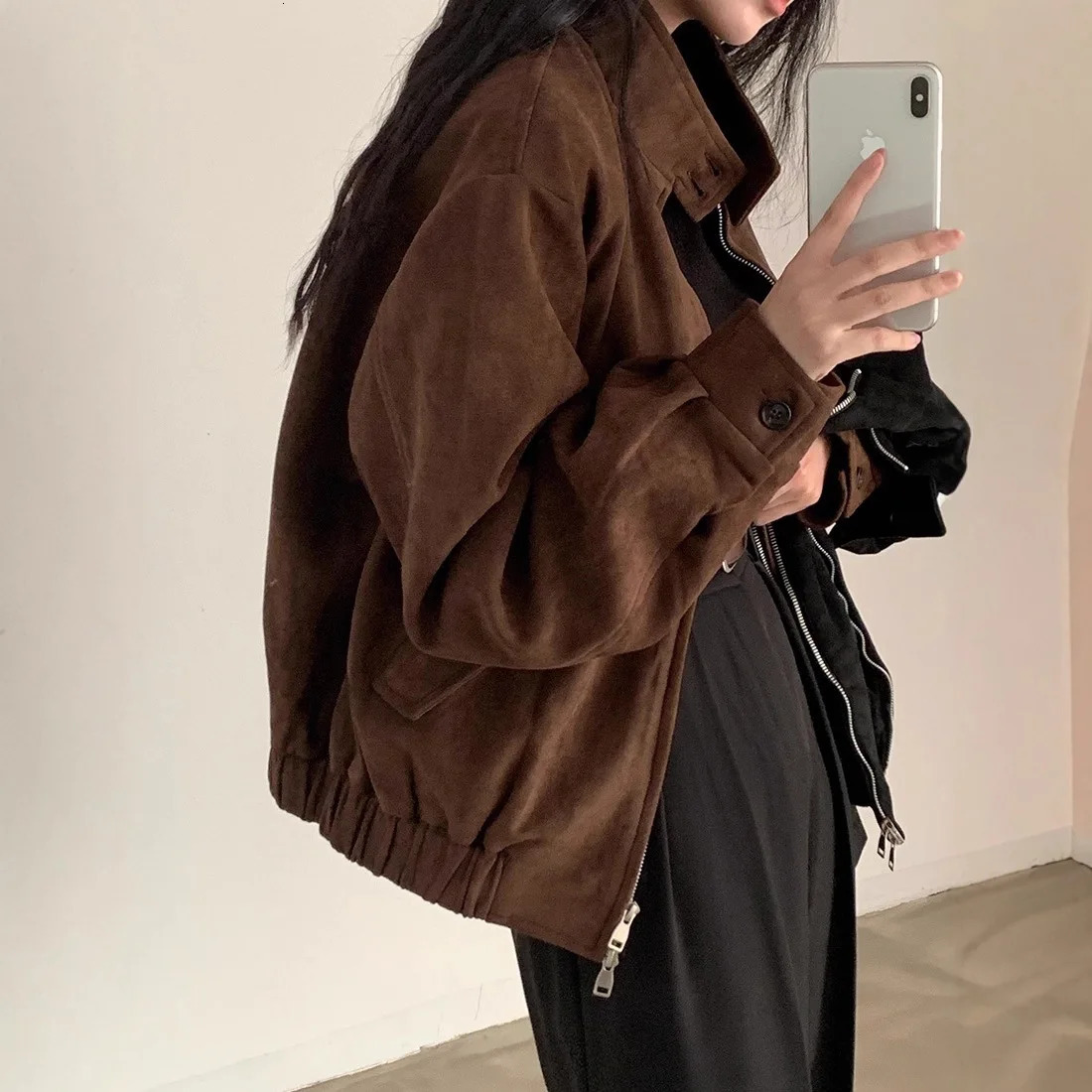 Womens Short Suede Jacket Pilot Style Midweight Long Sleeve Zipper Closure Pure Color Loose Fit Comfortable Casual Outerwear 251104