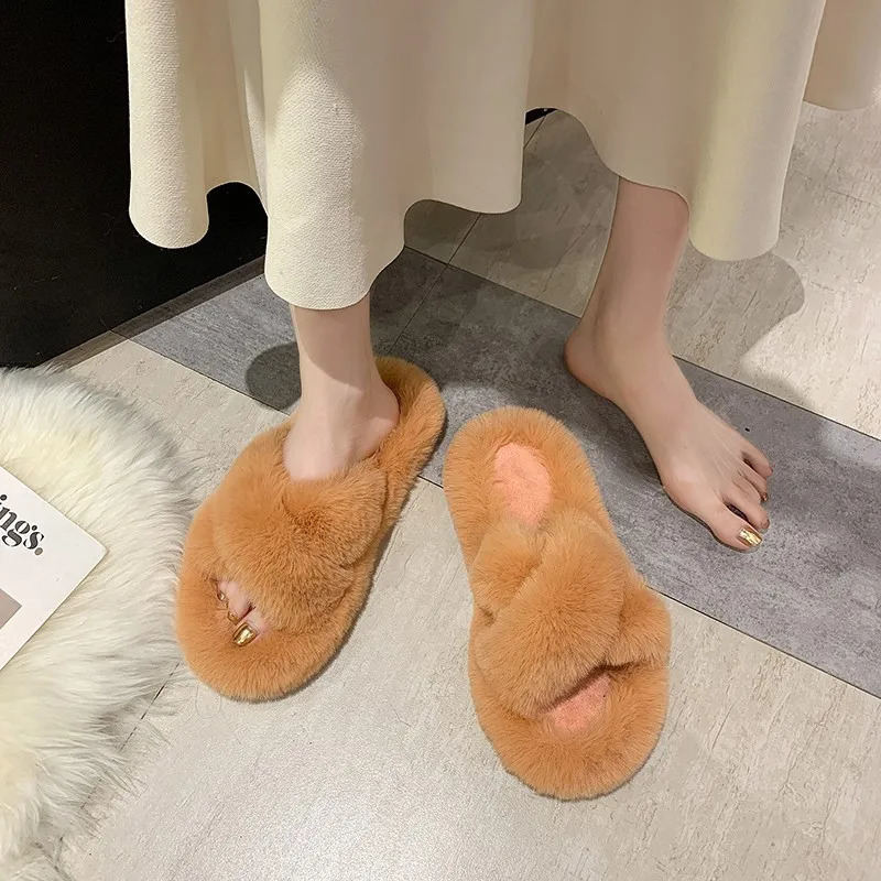 Fashion One Word Thick Fur Slippers Double Fur Slippers Casual Home Cotton Shoes for Women Flat Plush Cross Straps Slippers2025 251031