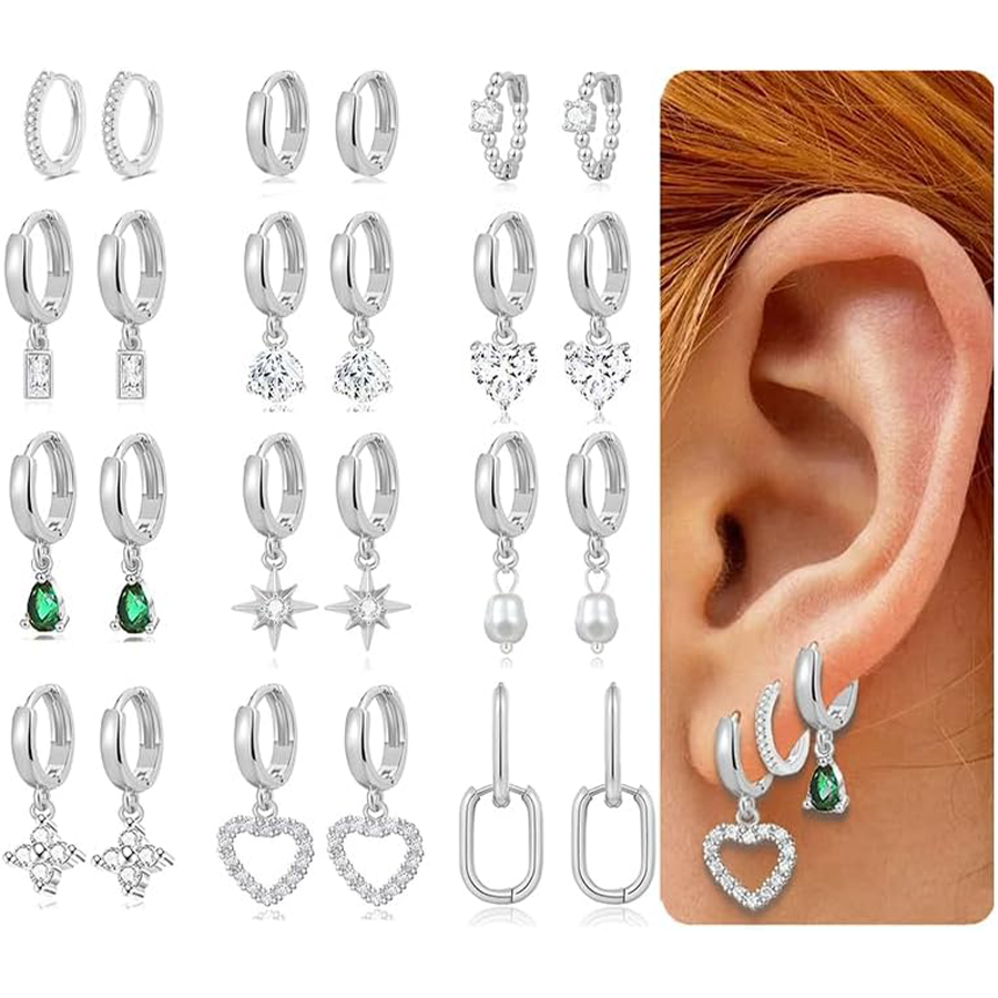 Huggie Hoop Earrings Silver Plated Small Dangle Hoop Earrings Heart Pearl Star Flower CZ Cartilage Earring Sets for Multiple Piercing Stacks Stud Hoop