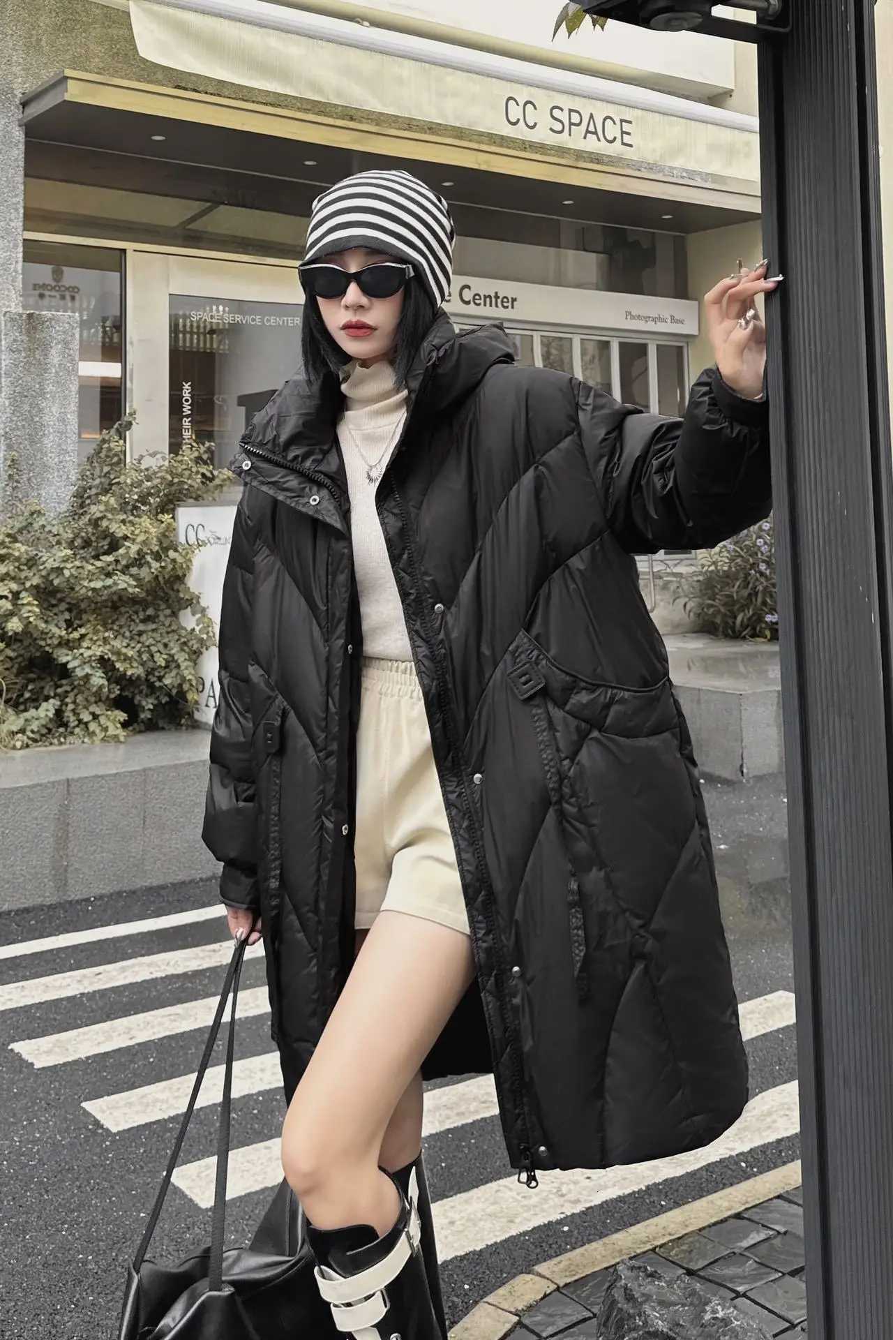 Winter Solid Hooded Mid Length Down Jacket Female Thicken Warm Puff Jackets Women White Duck Down Double Zipper Parker OutwearsT251105