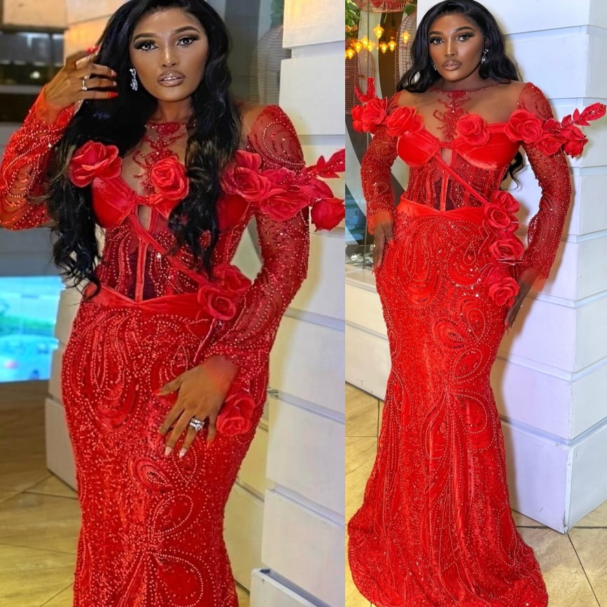 Red Mermaid Prom Dresses 2026 Flowers Sheer Neck Long Sleeves Sequined Evening Formal Party Second Birthday Engagement Gowns Plus Size Dress For Speci