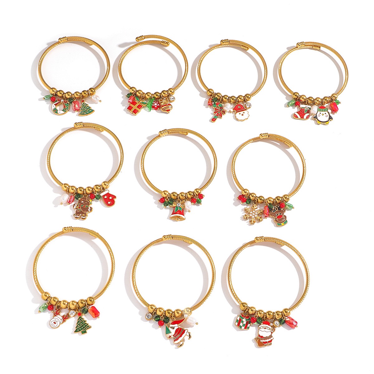 Stainless Steel Bracelet Santa Claus Elk Bell Wreath Bracelet 18k Gold Plated Handmade Christmas Gift