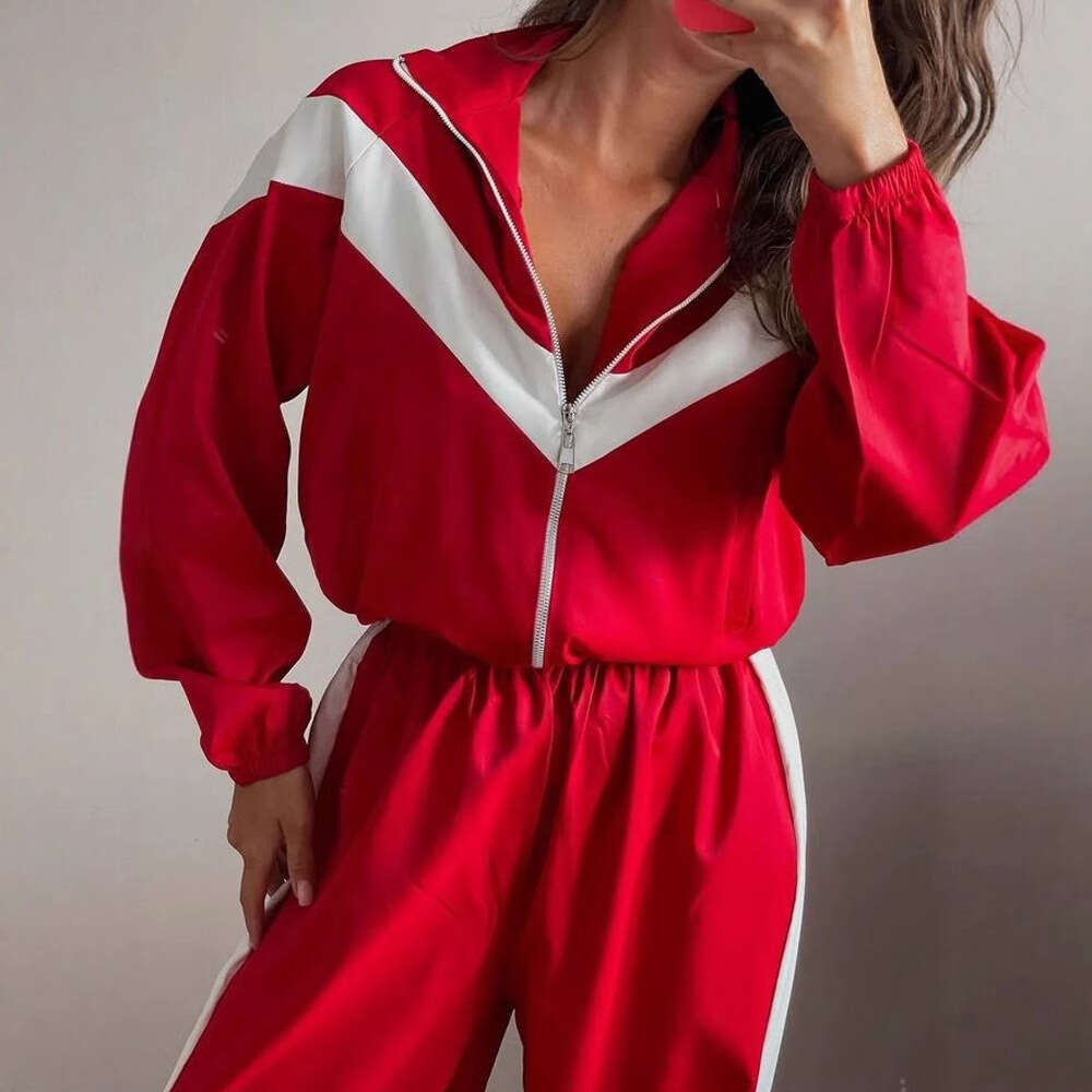 Fashion Casual European American Long Sleeve Color Block Sports Cardigan And Pants Set Street Style Outfit B5