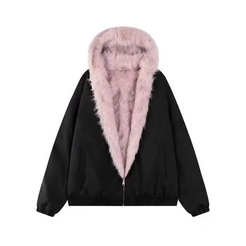 2025 new double-sided wear American street hooded jacket Y2K retro fashion women thickened warm hooded short cotton jacket J251105