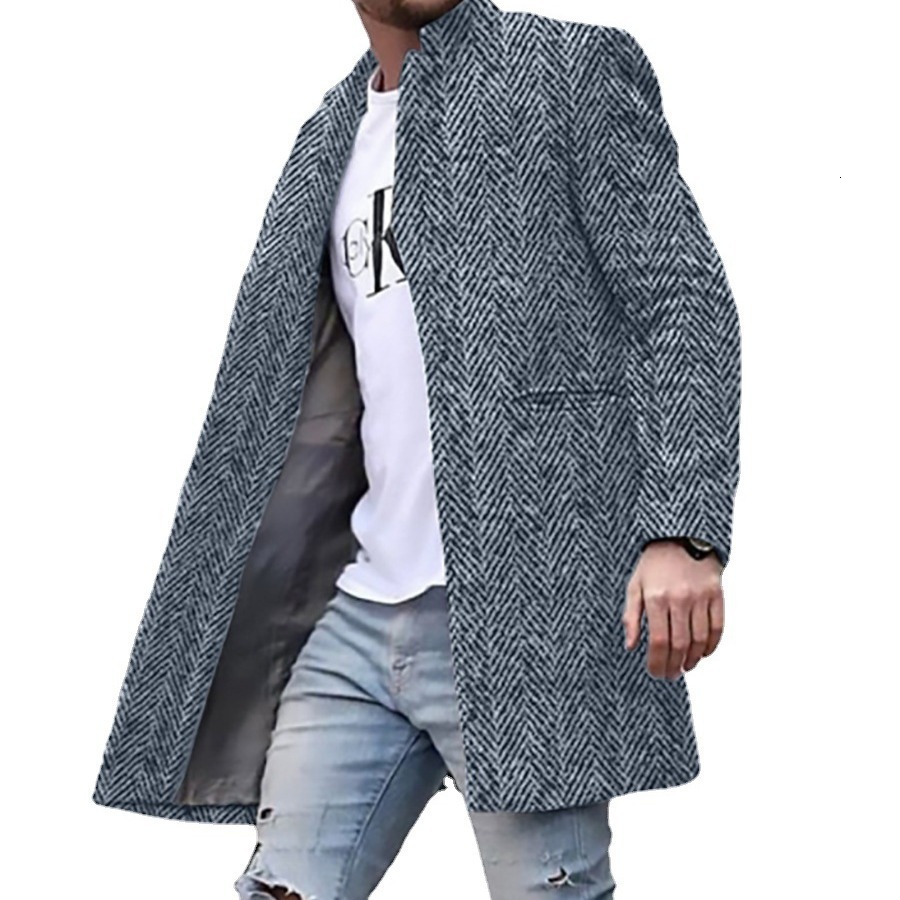 Spring new mens street youth woolen stand collar mid length pocket casual mens coat mens