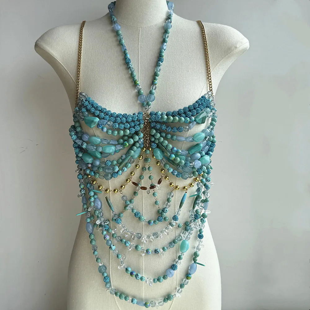 Ladies Body Chain Bead Camisol Tank Top Hollow Top Body Jewelry Exposed Pearl Necklace Full Fashion Bra Ladies Club Carnival 250403