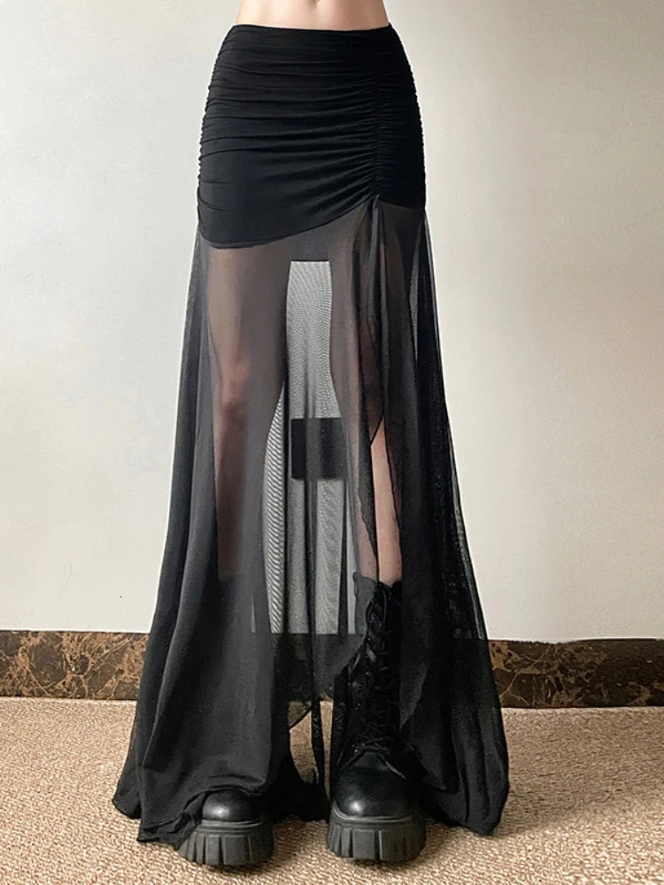 Vintage Dark Gothic High Waist Mesh Patchwrok Mid Skirts Y2K Sexy Hem Split Ruched Bodycon Skirts E- Y2K Streetwear 250402