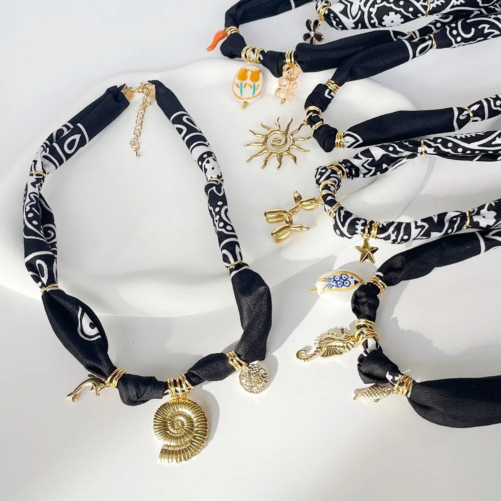 Orange Bandana Necklace with Gold Plated Charms Sun Balloon Dog Star Heart Conch Fruit Flower Perfume 251031