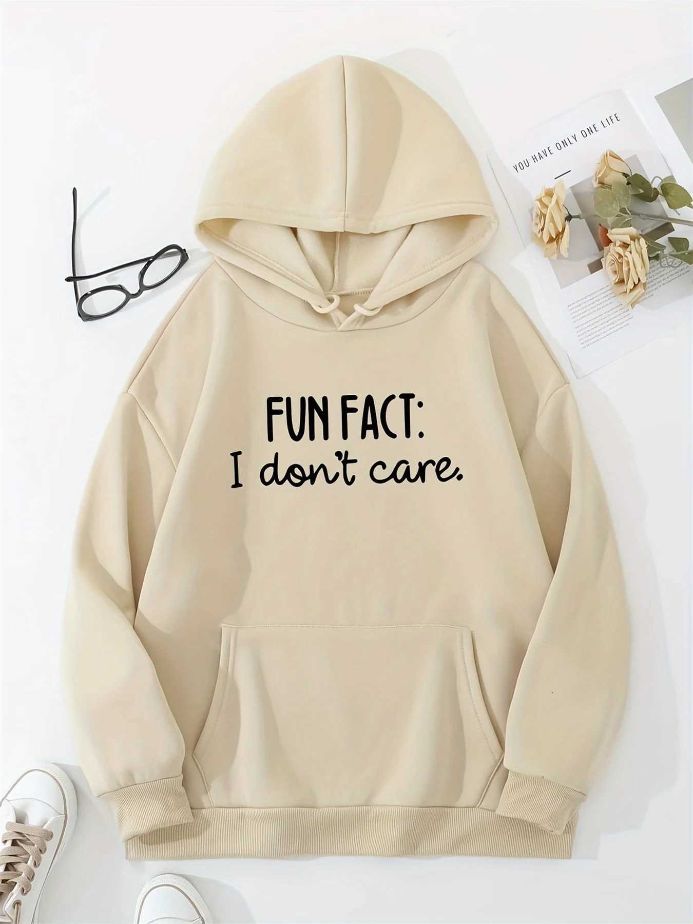 Womens autumn and winter casual loose and comfortable FUN FACT I dont care printed fleece warm long sleeved hooded sweatshirtT251105