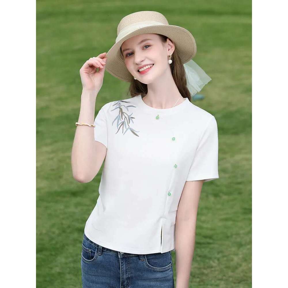 White Chinese Bamboo Embroideryt-Shirt For Women Summer 2025 Waist Short Sleeve Tees Side Hem Slit Tops