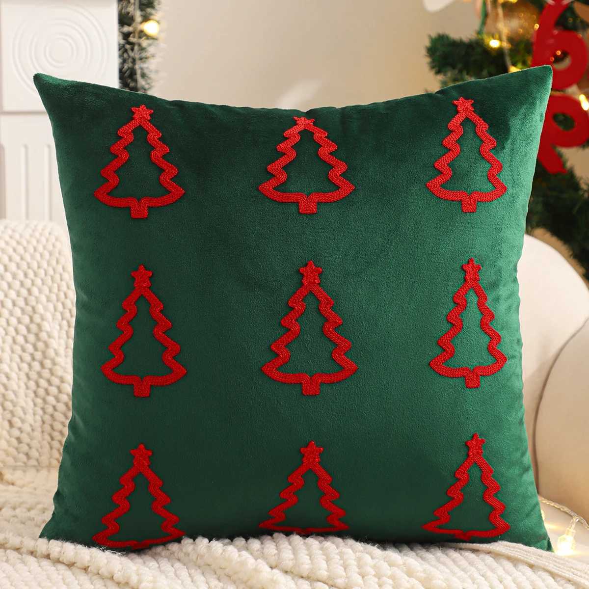 Embroidery Throw Pillow Cover Christmas Decoration Velvet Soft Christmas Tree Snowflake Winter Farmhouse Home Sofa Living Room Y251105