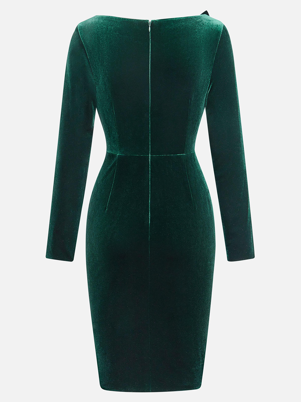 Women's Green Velvet Midi Dress with Bow Detail, Long Sleeve Bodycon Dress for Cocktail & Formal Events 23578