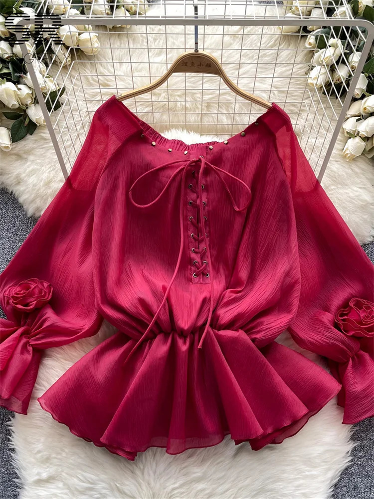 Singreiny Sweet Casual Chiffon Shirt Womens Summer Sparkling Sleeve Shoulder Lace Top Womens Ruffle Vacation Shirt 250402