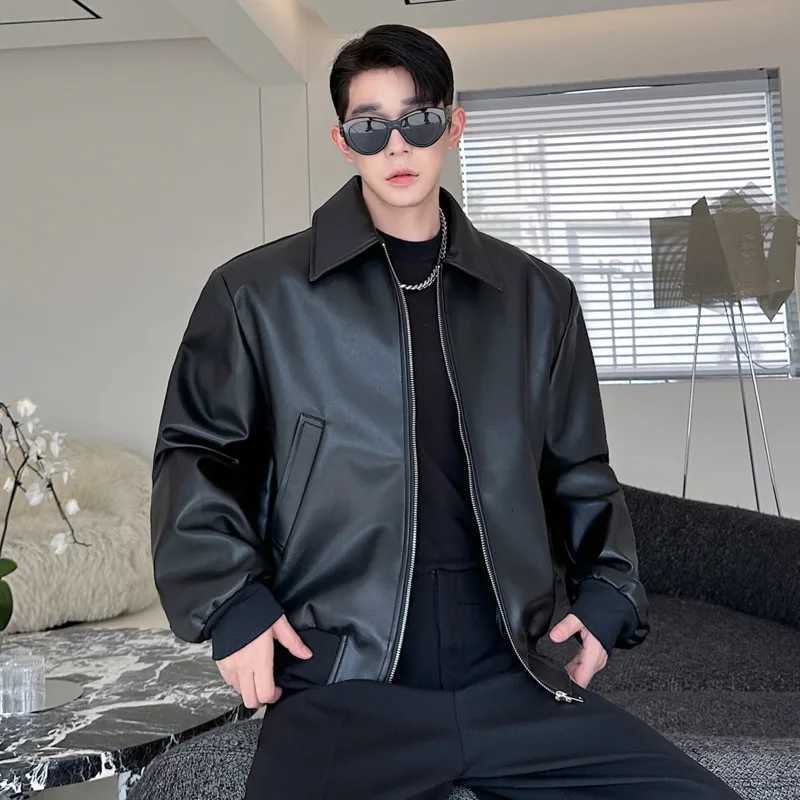 IEFB High Strt Mens PU Leather Coats Lapel Solid Color Casual Clothing Silhouette Loose All-match Male Jackets Autumn 9X914 C251105
