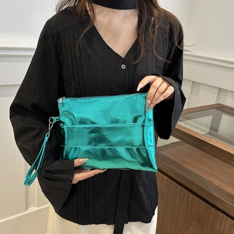 Womens envelope clutch bag solid color PU leather bag folding handbag zipper casual handbag 250402