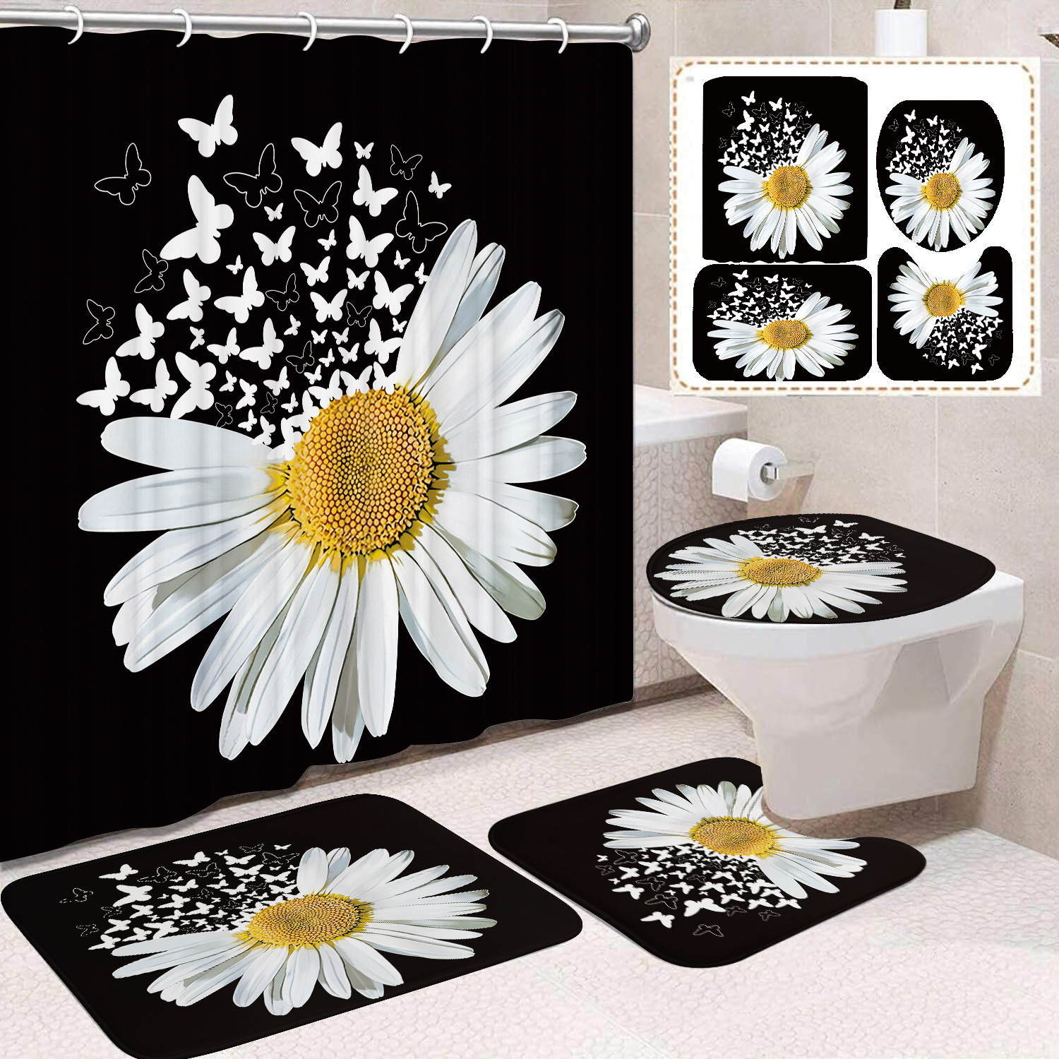 YL-37640 Factory Direct Watercolor Daisy Bathroom Shower Curtain/Toilet Partition Curtain/No-Drill Curtain/Shower Curtain