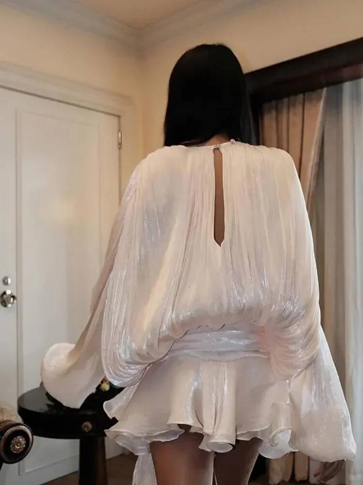 winter jacket women Elegant Pink pleated Mini Dresses Women A-line Bubble sleeve Lace Up Party Short Vestido New Dinner Lady Night Summer Gown